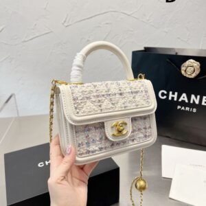 Women’s Elegant Tweed Mini Handbag with Top Handle & Gold Chain Strap – Stylish Shoulder Bag