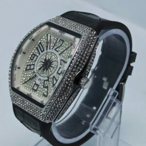 Luxury Men’s Diamond Style Black Leather Strap Watch