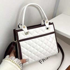 Women’s Elegant Quilted Handbag with Top Handles & Adjustable Shoulder Strap – White & Brown
