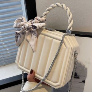 Elegant Cream Ribbed Box Clutch with Scarf Accent