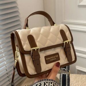 Quilted Cream & Brown Satchel with Wide Guitar Strap