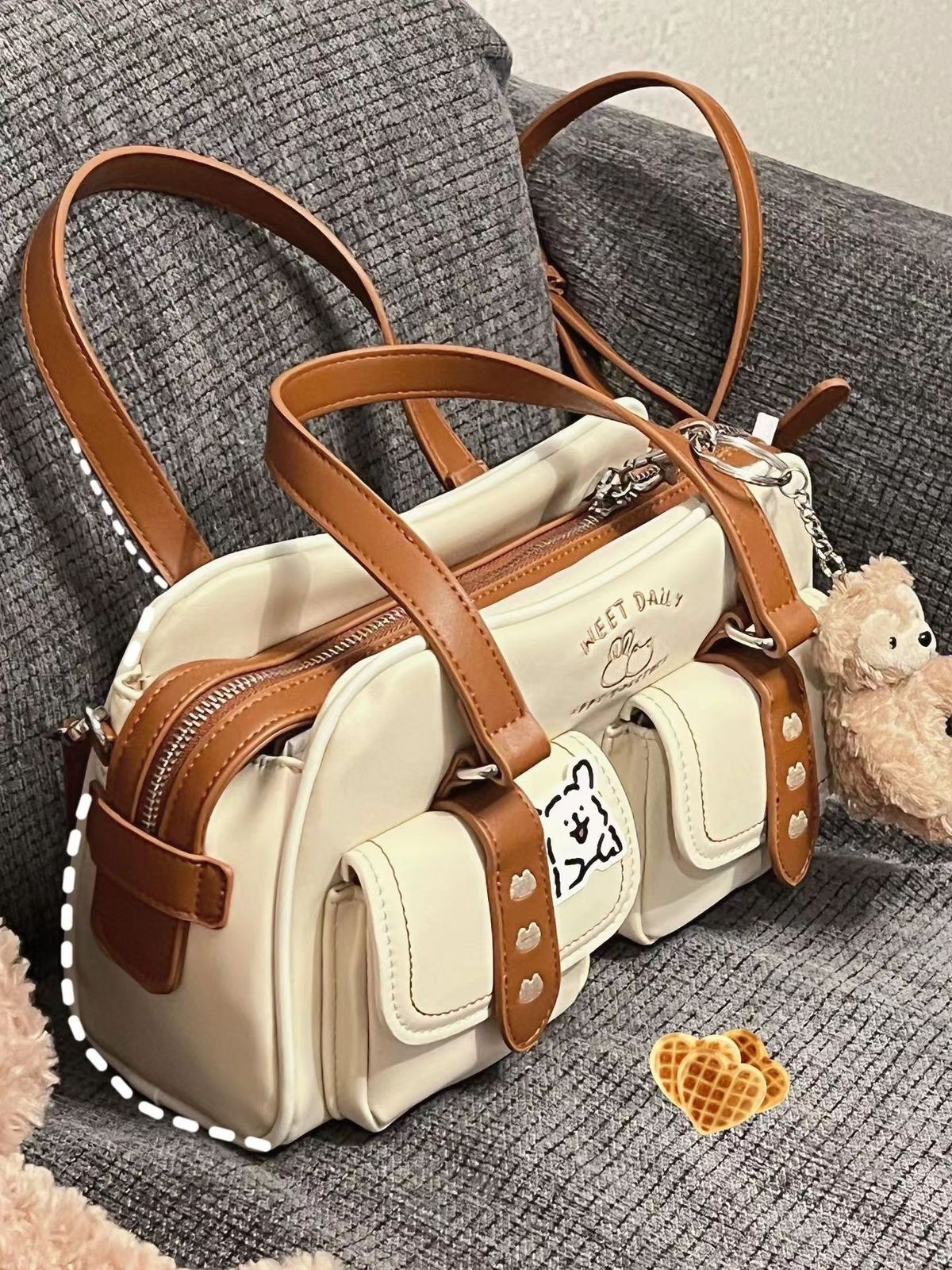 Cute Off-White & Tan Utility Shoulder Bag with Teddy Charm