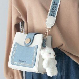 Casual White & Pastel Blue Crossbody Bag with Plush Keychain