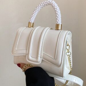 Chic White Patent Shoulder Bag with Beaded Top Handle