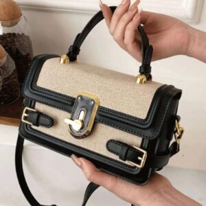 Structured Beige Canvas & Black Leather Top-Handle Bag