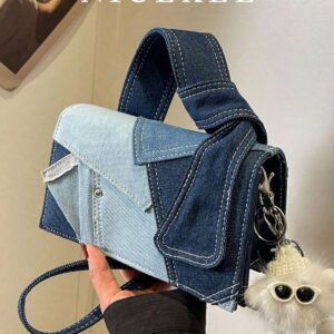 Patchwork Denim Shoulder Bag with Knotted Handle & Charm