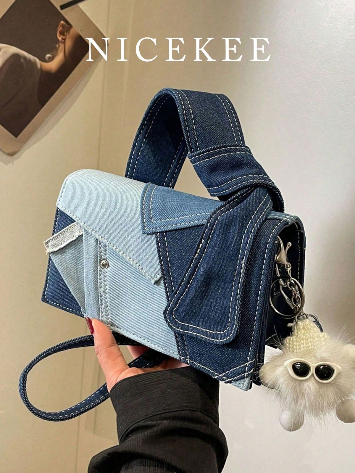 Patchwork Denim Shoulder Bag with Knotted Handle & Charm
