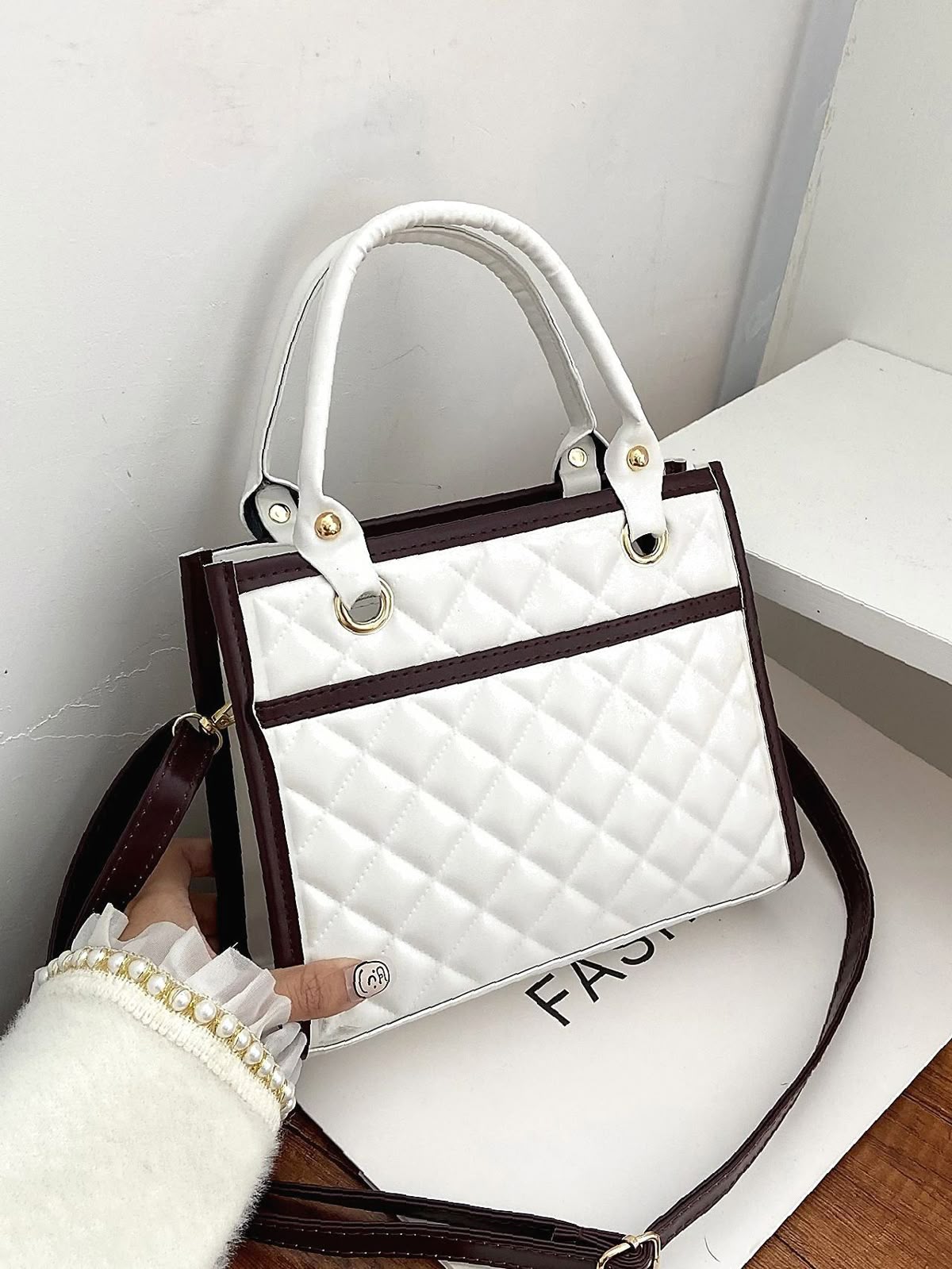 Quilted White & Dark Brown Contrast Tote Bag