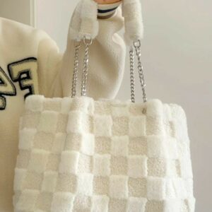 Cozy White Plush Checkered Tote Bag with Chain Straps