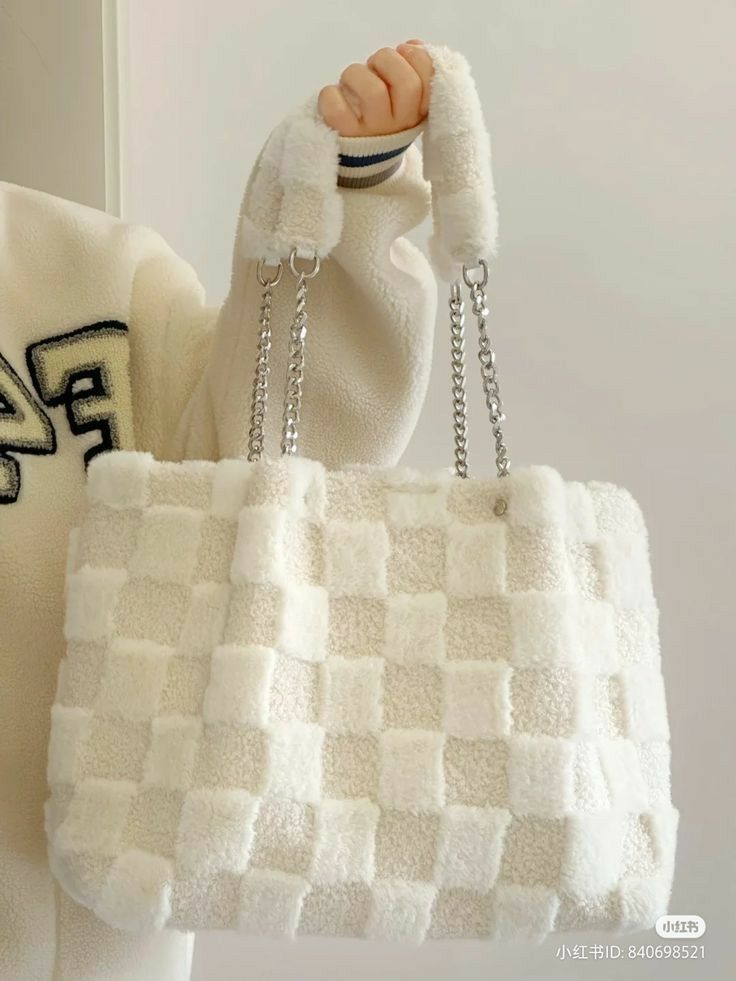 Cozy White Plush Checkered Tote Bag with Chain Straps